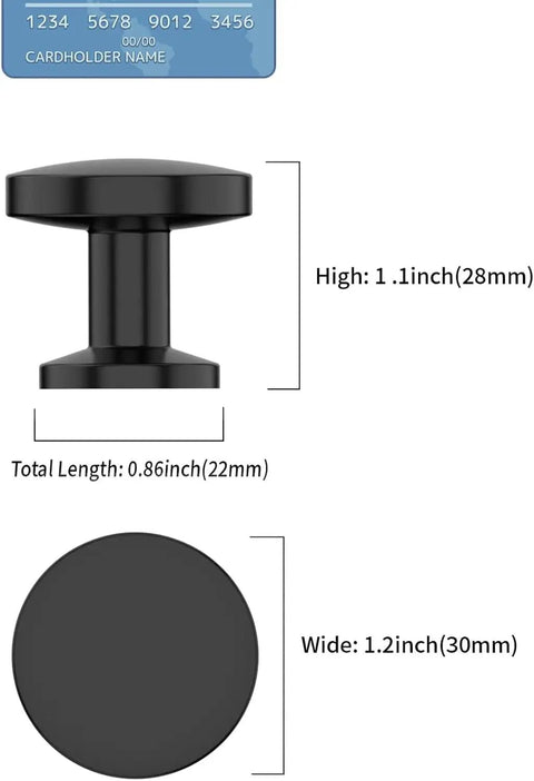 Rock Sick Matte Black Cabinet Knobs, 30-Pack Solid Round Designs For Kitchen And Closet Glow Up, showing dimensions and a top view.