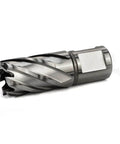 Annular cutter with 13/16 in cutting diameter and Weldon shank, silver metal, side view with twisted flutes