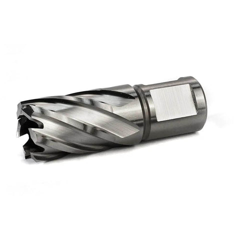 Annular cutter with 13/16 in cutting diameter and Weldon shank, silver metal, side view with twisted flutes