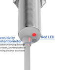 Capacitive Proximity Sensor, 3-Wire, 10 to 30 V DC, NPN and PNP Output, IP65 Rated, showing sensitivity potentiometer and LED