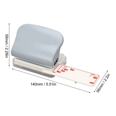 Side view of Beefy 3 Hole Punch For Scrapbooks And Documents With Metal Body And Positioning Posts, showing dimensions and paper guide.