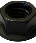 1/4-20 Serrated Flange Hex Lock Nuts Case Hardened HR15N 78/90 With Black Zinc Bake Finish, top view of a single nut.