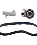 Thinking Process: timing belt kit with tensioner and idler pulley, black rubber belt, metal parts for Land Prado Van A02G