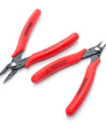 Compact Electronics Cutter Set With Miniature Flush Cutters And Needle Nose Pliers Serrated Jaws For Firm Grips Cuts Soft Wire Up To 20 AWG 0.8mm Shock Absorbing Grips All Purpose Hobbyist And General Electronics Tool Black, showing red-handled tools on white background.
