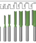 Tough As Nails Seven Piece Tungsten Carbide Router Bit Set With One Quarter Inch Shank Straight Dado Bits Offering Single And Double Flute Options For Clean Woodworking Projects featuring various sizes of bits.