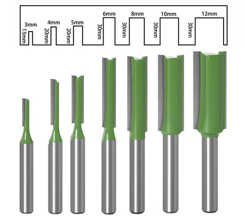 Tough As Nails Seven Piece Tungsten Carbide Router Bit Set With One Quarter Inch Shank Straight Dado Bits Offering Single And Double Flute Options For Clean Woodworking Projects featuring various sizes of bits.