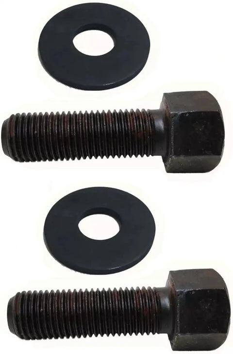 Beefy Blade Bolt And Belleville Washer Kit Replaces Toro 3290-465 And 26-0671 For 30 Inch TimeMaster And Recycler Ride On Mowers Includes Two 7/16 Inch By 20 Bolts And 1-1/8 Inch Outer Diameter Washers. Black bolt and washer kit, close-up