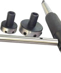 Rock Solid 8-Piece MT2 Morse Taper Lathe Tailstock Tap And Die Holder Kit With Professional Threading Set, Chuck Holders, Knurled Sleeves, Stop Handle And Premium Wooden Box For Serious Machinista Pros. MT2 lathe tap and die holders with stop handle on white background