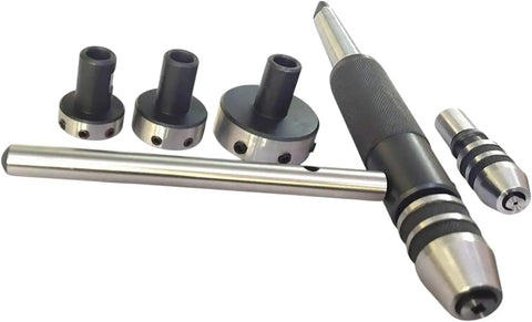 Rock Solid 8-Piece MT2 Morse Taper Lathe Tailstock Tap And Die Holder Kit With Professional Threading Set, Chuck Holders, Knurled Sleeves, Stop Handle And Premium Wooden Box For Serious Machinista Pros. MT2 lathe tap and die holders with stop handle on white background
