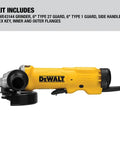 Badass 6 Inch Angle Grinder With 13 Amp Motor And 9000 Rpm Speed features a side view and includes safety guards and flanges.