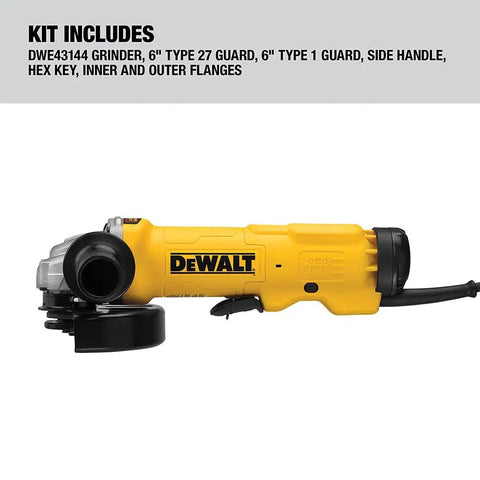 Badass 6 Inch Angle Grinder With 13 Amp Motor And 9000 Rpm Speed features a side view and includes safety guards and flanges.