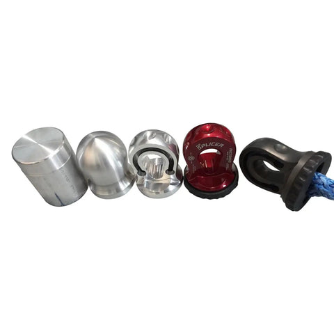 Hella Tough Splice On Synthetic Rope Shackle Mount Featuring Integrated Rubber Pad And Precision Machined Thimble For Zero Sweat Off Road Recovery Truck Towing And Overland Builds In Matte Black components including four thimbles and a rope.