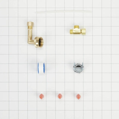Industrial Dishwasher Water Line Installation Kit For Easy DIY Hookup No Fuss Durable Braided Hose With Quick Connect Fittings Factory Certified Accessory Reliable Plumbing Upgrade For Your Dishwasher, brass fittings and clamps laid out