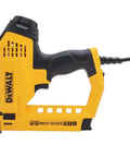 Side view of heavy duty electric 5 in 1 multi tacker for DIY projects in yellow, driving narrow flat crown staples, brads, and pins.