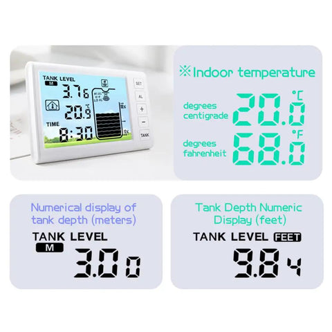 Ultrasonic Water Level Monitor For Tanks With High Low Alarm, displaying temperature and tank depth in meters and feet.