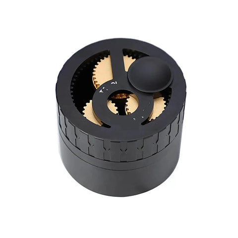 Total Game Changer 58mm Coffee Distributor Needle Tool For Portafilter Leveling Solid Aluminum Build Black Finish showing gears and top view.