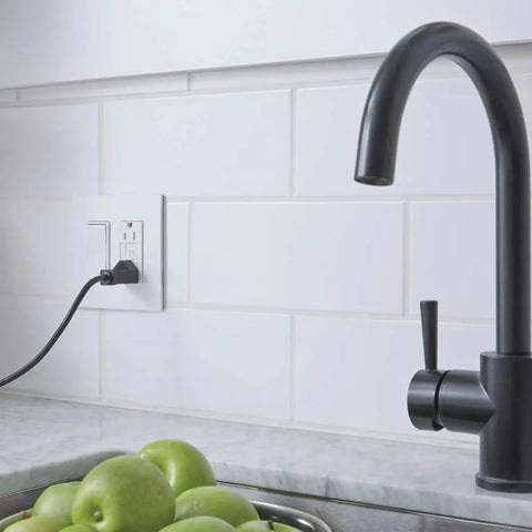 Radiant 15 Amp GFCI Self Test Decorator Duplex Wall Outlet With Trip Indicator White Receptacle in kitchen near faucet