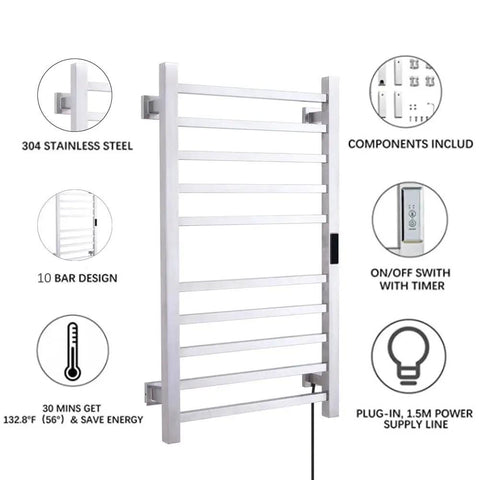 10-bar stainless steel towel rack with timer and plug-in features. 6 Bar Electric Heated Towel Rack Wall Mount Plug In Towel Warmer With Brushed Finish.