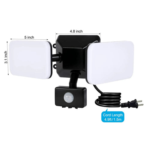 Outdoor Plug In Motion Sensor Light Waterproof Easy Install 20W 1800LM 5000K Daylight Dual Head LED Security Floodlight Black