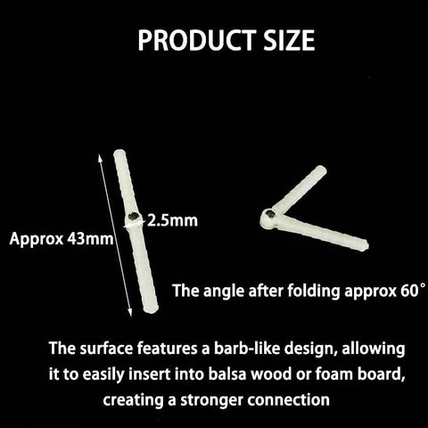 10Pcs RC Airplane Plastic Pin Hinges for RC Planes And Helicopters DIY Model Wing Parts 2.5x43mm size, showing angle and barb style