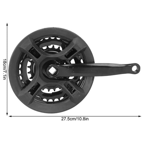 Beefy High Carbon Steel Mountain Bike Crankset 24-34-42T with chain guard, shown with dimensions 27.5cm and 18cm