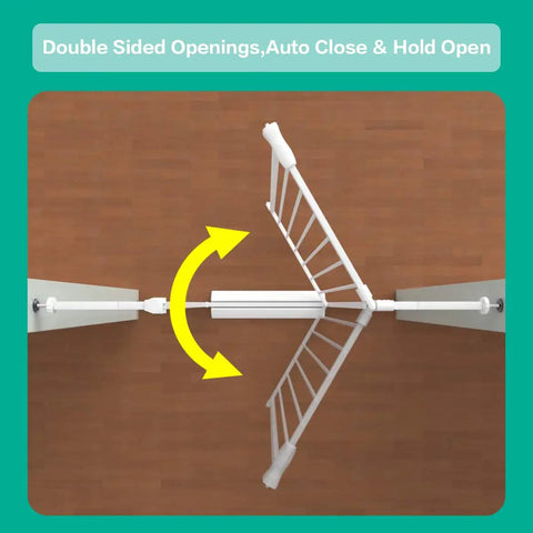 Top view of Extra Wide Baby Gate For Stairs And Doorways, Pressure Mount Pet Gate, white, double sided swing feature shown.