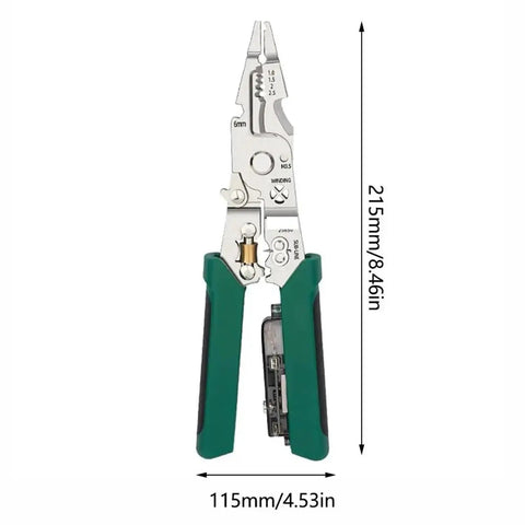 Heavy Duty Wire Stripping Pliers Multifunctional Electrical Hand Tools With Built In Voltage Detector Tester And Nonslip Grip Handle For Car And Home Wiring Projects Easy To Use, showing dimensions and details.