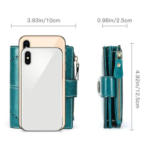 Comparison of compact vegan leather womens wallet with RFID blocking bifold card holder and zipper coin pocket to smartphone size