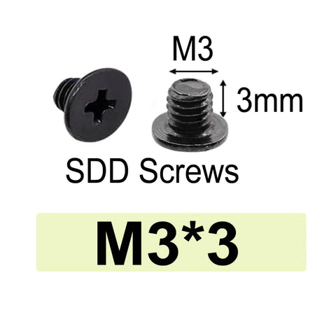 Close-up of M3x3 flat head SSD screws, black stainless steel, used in laptop repairs, part of Straight Up 100 Piece 2.5 Inch HDD SSD Caddy Screw Set.