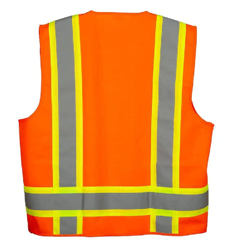 Lightweight Fluorescent Orange High Visibility Work Vest Featuring Breathable Poly Knit Mesh For Daily Grind Toughness And Sweat Wicking Crew Comfort In Small, back view showing reflective strips.