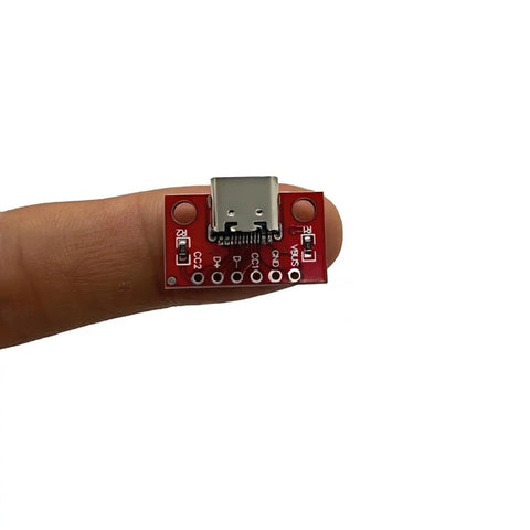 Close-up of USB Type C Breakout Board 10 Pack With Solder Wire Included For DIY Projects 16 Pin PCB Adapter with metal connector visible