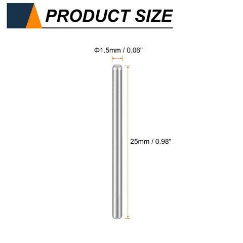 Heavy-Duty 55 Pcs M1.5 Dowel Pins 25mm 304 Stainless Steel Cylindrical Pegs product size diagram with dimensions shown.