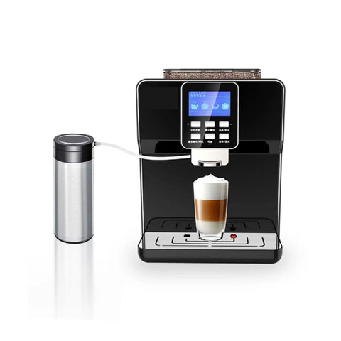 Commercial Automatic Coffee Machine With Built In Grinder For Office Use, featuring milk frother and high capacity brew system.