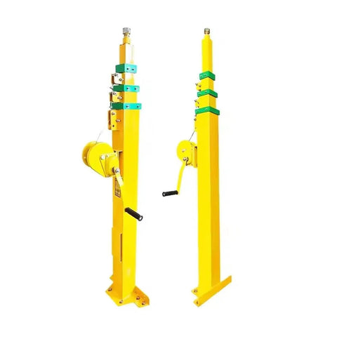 Rock Solid 8 Meter Hand Winch Telescopic Mast With Segmented Buckle Locks For Security Cameras Yard Lights And Radio Antennas, yellow poles with crank handles.