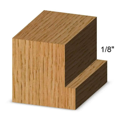 Wooden block showing 1/8 inch rabbet cut, illustrating Pro Grade Multi Rabbet Router Bit Set With Carbide Tips, 1-3/8 Inch Diameter.