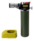 Microflam Burner MFB/E With Piezo Ignition And Adjustable Gas And Air Controls, green tank, and base, side view