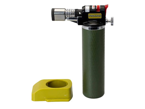 Microflam Burner MFB/E With Piezo Ignition And Adjustable Gas And Air Controls, green tank, and base, side view