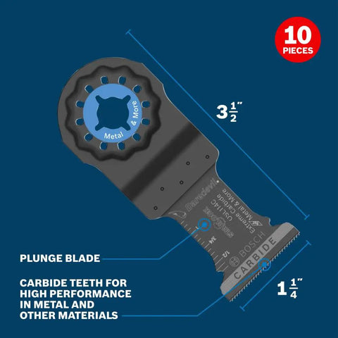 Image of Starlock Carbide Plunge Cut Blade 1-1/4 In 10-Pack, showing blade size and features for oscillating multi-tools.