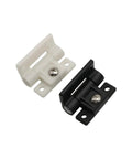 Damping hinges pair in white and black with mounting holes and screws