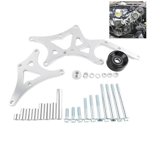 Beefed Up Transmission And Engine Mount Bracket Kit For Driver Side Alternator And Power Steering Pump Bolt On Replacement Fits Truck And SUV 1999 2014 LS Series Engines Suitable For Many LS Vehicles, silver metal bracket kit with bolts