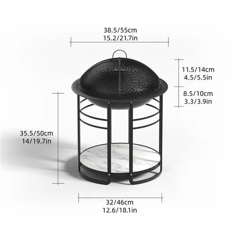 Smokeless Fire Pit For Indoor And Outdoor Use, Small Cast Iron Heater For Home And Patio, Premium Wrought Iron Build shown with dimensions.
