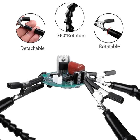 Helping Hands Soldering Third Arm Tool with flexible arms, desk clamp base shown gripping a PCB, demonstrating detachability and rotation.