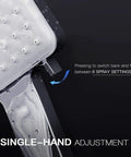 Handheld High Pressure Shower Head With 6 Modes Detachable Chrome Square Design detail with spray settings button