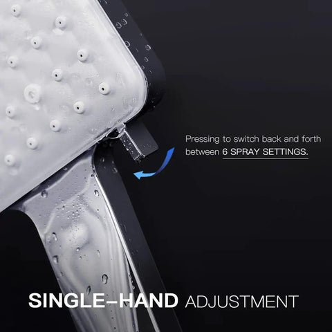 Handheld High Pressure Shower Head With 6 Modes Detachable Chrome Square Design detail with spray settings button