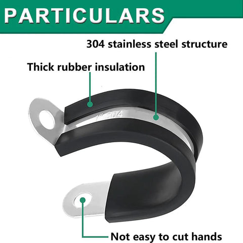 Side view of black rubber-coated stainless steel cable clamp with mounting tab.