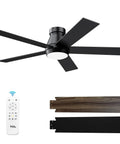 52 Inch Ceiling Fan With Lights Black Flush Mount Remote Control 6 Speeds DC Reversible Dimmable Noiseless Low Profile Bedroom Fan With Double Sided Black Walnut Blades featuring remote and blade options