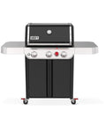 Front view of Genesis E 325 Liquid Propane Gas Grill For Outdoor Cooking With Three Burners Black Porcelain Enameled Cast Iron Grates PureBlu Burners And Sear Zone To Level Up Your Grill Game And Extra Grilling Space