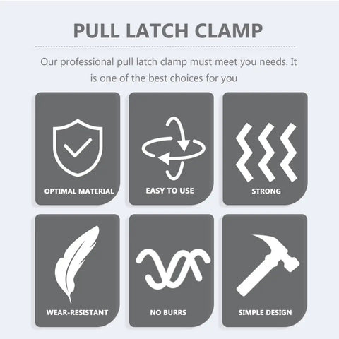 Instructional icons for Heavy Duty Adjustable Pull Latch Clamps Set Of 2 With Lock Hole Galvanized Iron Toggle Latches features.