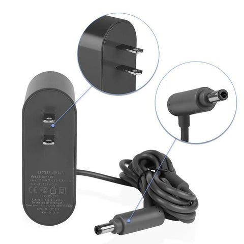 Beefed-Up Replacement Charger For Dyson V6 V7 V8 Cordless Vacuums Including DC58 DC59 DC61 DC62 Absolute Animal Fluffy Motorhead Power Supply Adapter 26.1V 780mA Plug-And-Play showing plug and cable connections
