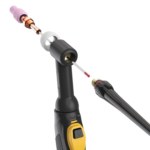 3/32 Inch By 7 Inch Red EWTh-2 TIG Tungsten Electrodes setup in welding torch with anti oxidation vacuum seal